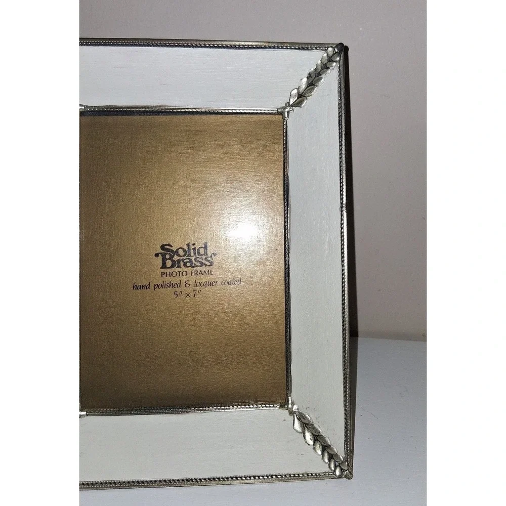 Vintage Solid Brass 5x7 Photo Frame Silver Tone Leaf Hollywood Regency Easel